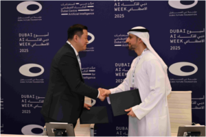 ota CEO Chae Myung-soo (left) and Dubai Road Traffic Authority (RTA) CEO Mohammed Al Mudharreb (right) are holding a contract signing ceremony at the AI Week 2025 event.