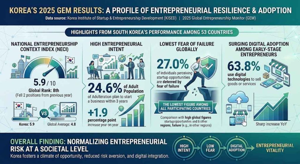 Korea’s 2026 startup data shows record-low fear of failure, yet capital and credit barriers still choke re-entry. A structural look at venture friction and re-challenge limits.