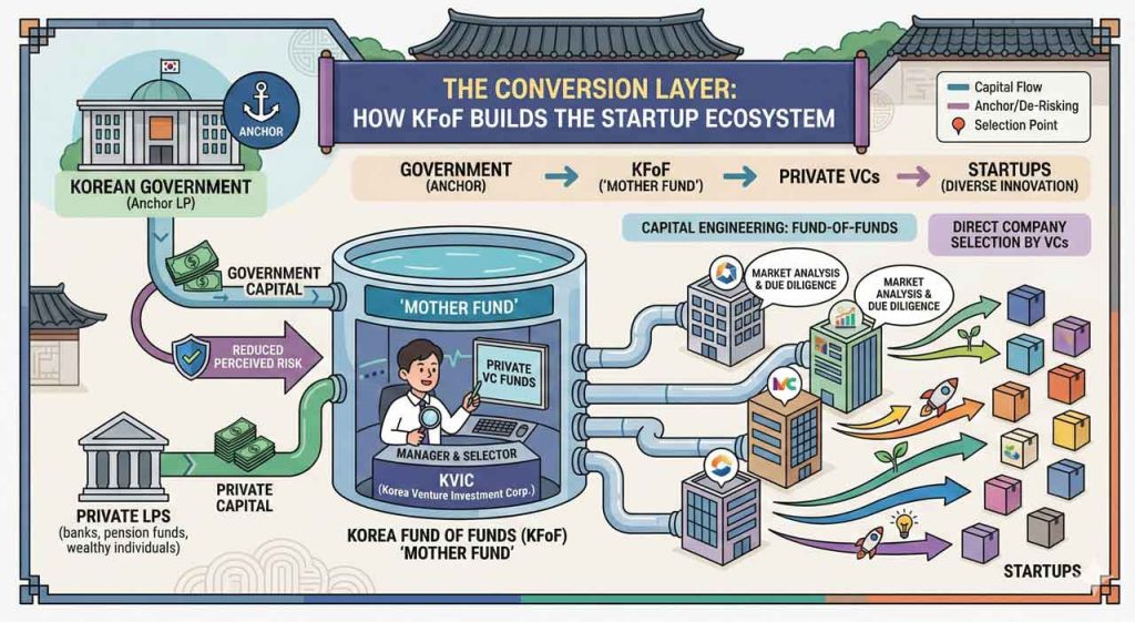 How Korea converts public budget into venture capital through the Fund of Funds and KVIC, and what this capital structure means for global founders and investors.