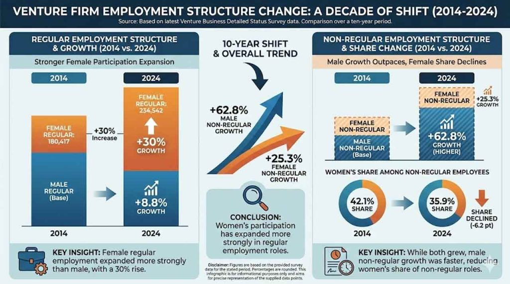 Women’s founder share in Korea’s startup workforce rose from 5.3% to 9.7% in 10 years, driven by a shift from manufacturing to IT services, reshaping talent and growth.