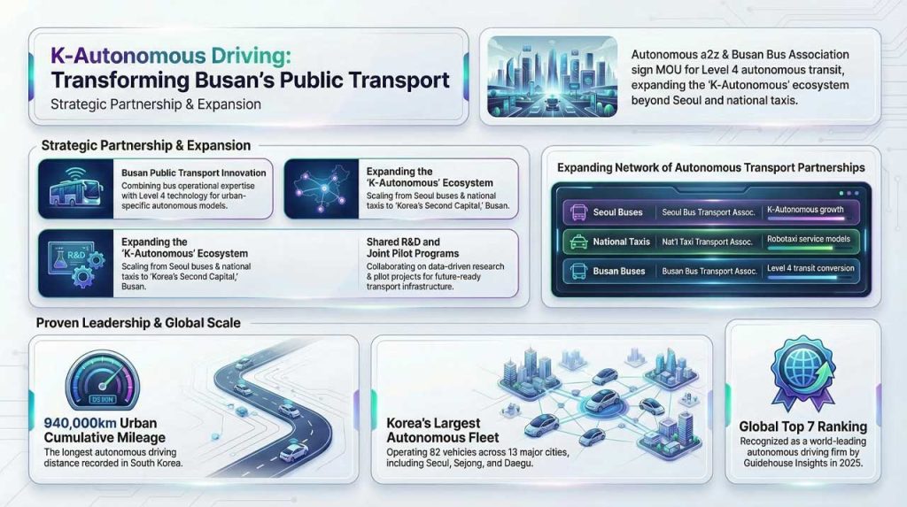 Autonomous A2Z expands its Korea-first autonomous transit strategy with a Busan bus partnership, deepening Level 4 mobility integration in public transport.