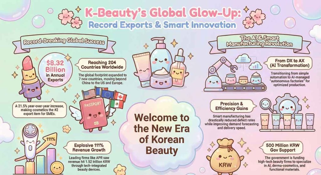 K-Beauty’s global rise is accelerating as Korean SMEs pair fast product cycles and ODM ecosystems with AI-driven smart factories to dominate cosmetics exports.