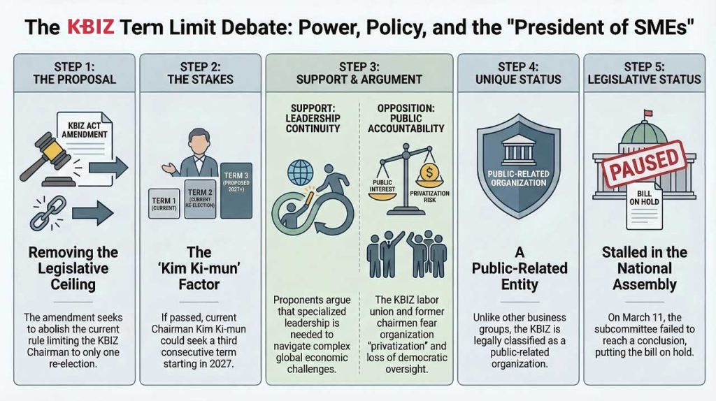 Korea delays a bill removing KBIZ leadership term limits, exposing divisions across SME groups, raising governance questions in the country’s SME policy system.