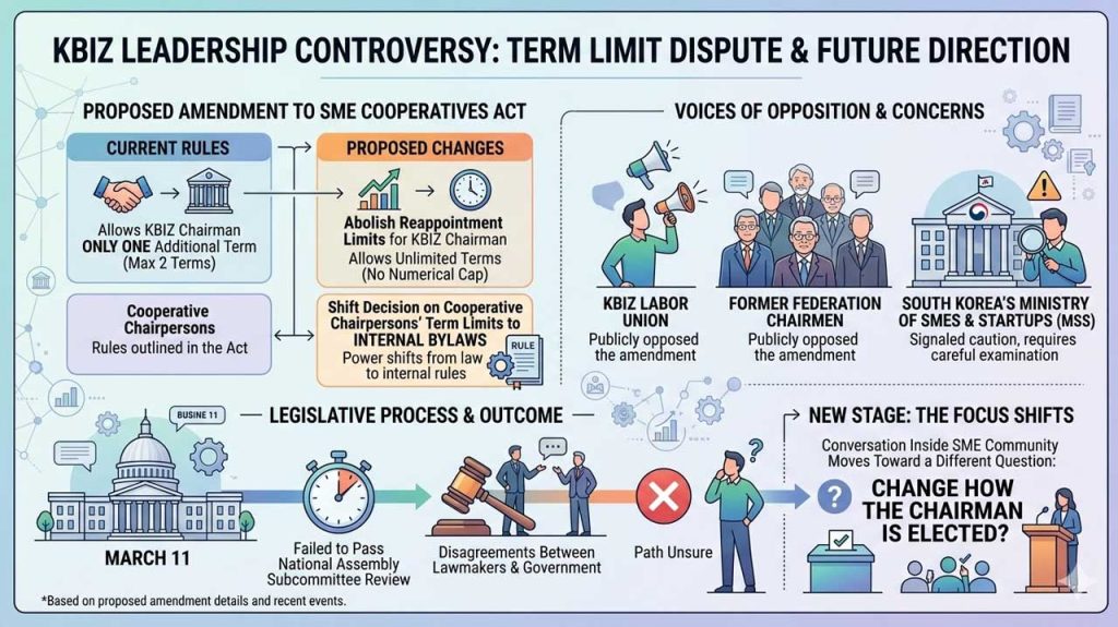 The KBIZ term-limit fight is expanding into a debate over direct elections, exposing deeper governance tensions inside Korea’s SME policy system.