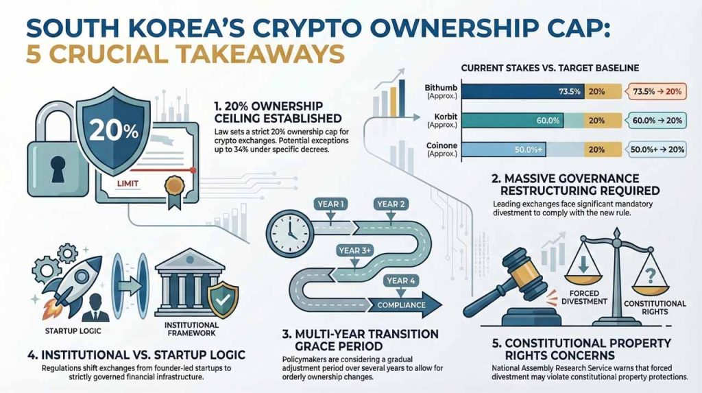South Korea plans a 20% ownership cap for crypto exchanges, forcing potential share sales and governance changes across major platforms like Upbit and Bithumb.