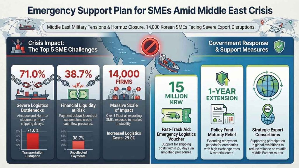 Korea deploys emergency logistics vouchers and fast-track support to protect exporting startups as Middle East disruptions pressure global supply chains.