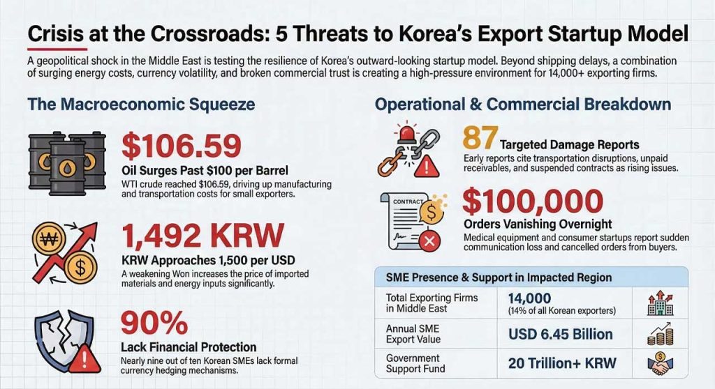 Rising oil above $100 and a weakening won are squeezing Korean export startups, exposing deeper risks in the country’s Middle East expansion strategy.