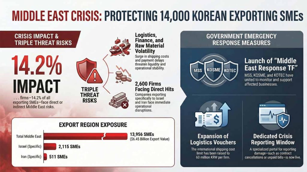Korea launches an emergency TF as Middle East conflict threatens SME exports, exposing risks of unpaid receivables, contract cancellations, and rising logistics costs.