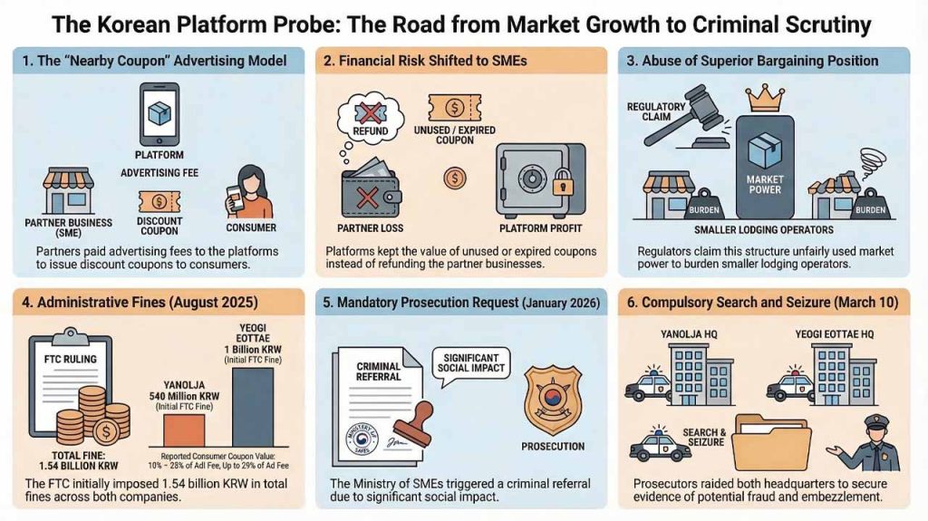 Prosecutors search Yanolja and Yeogi Eottae over coupon ad practices, escalating Korea’s platform probe and raising questions about partner economics.