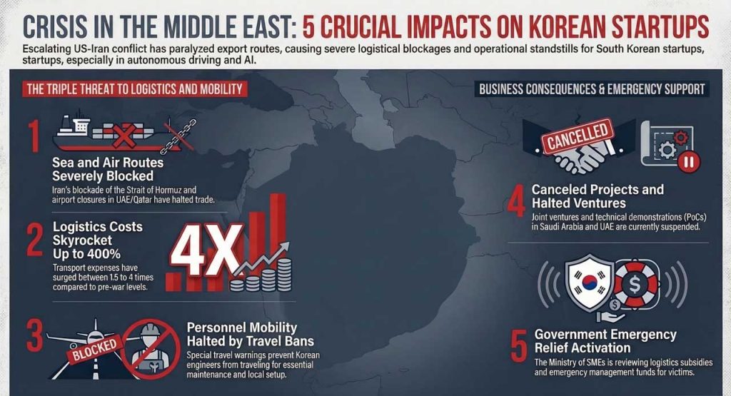 Korean startups face halted Middle East expansion as war shuts down flights and shipping, disrupting JV launches, tech pilots, and on-ground operations.