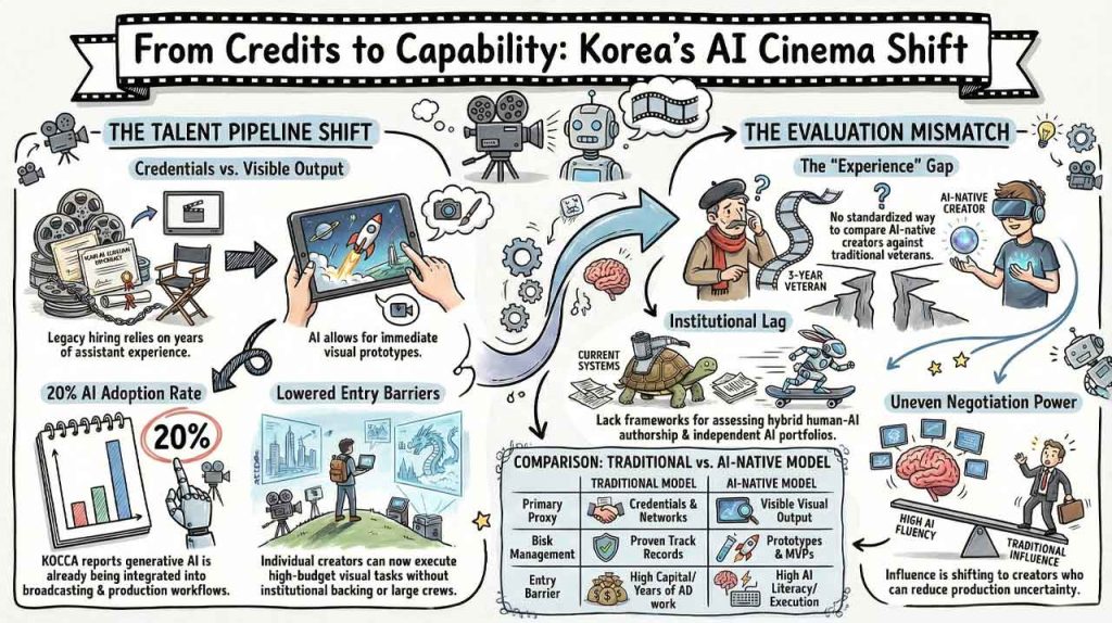 AI is lowering barriers for filmmakers in Korea, but hiring and evaluation systems still rely on legacy credentials, creating a growing talent gap.