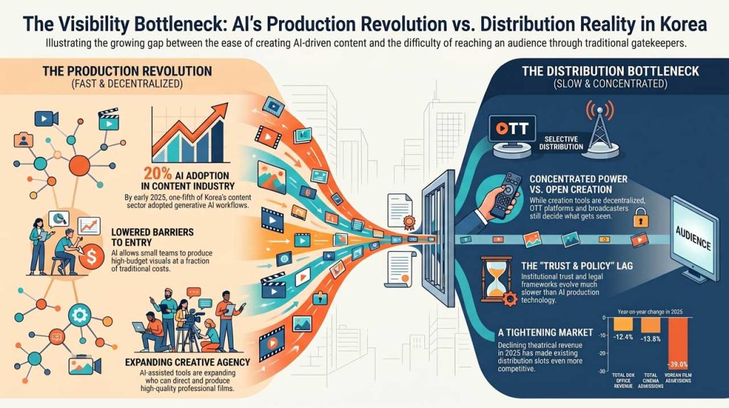 AI expands film production in Korea, but distribution platforms, rights, and trust still control which projects will ultimately reach audiences.