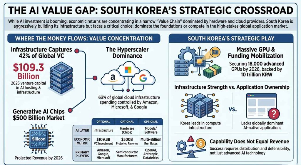 AI revenue is concentrating in chips, models, and cloud. As Korea scales infrastructure, the real question is where it can capture lasting value in the global AI stack.