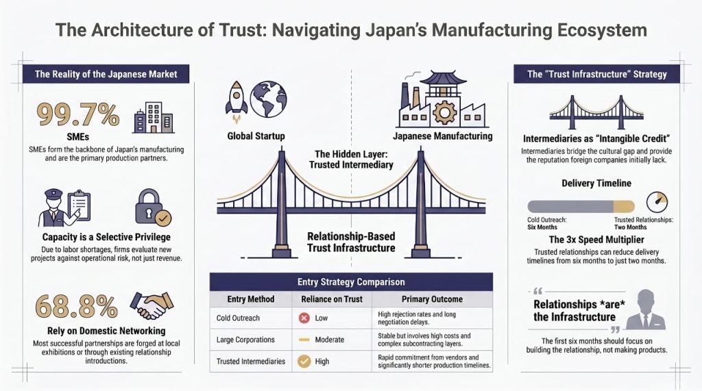 Japan’s SME manufacturing relies on trust, referrals, and intermediaries, shaping how Korean and global startups secure partners and execute projects.