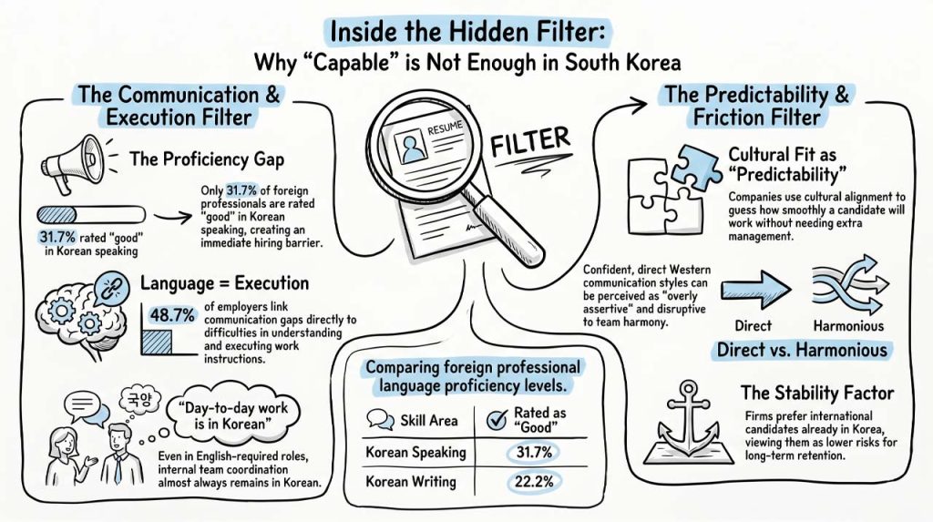 Korean firms assess communication, cultural fit, and retention risk, revealing why even the most qualified global talent is often screened out in practice.