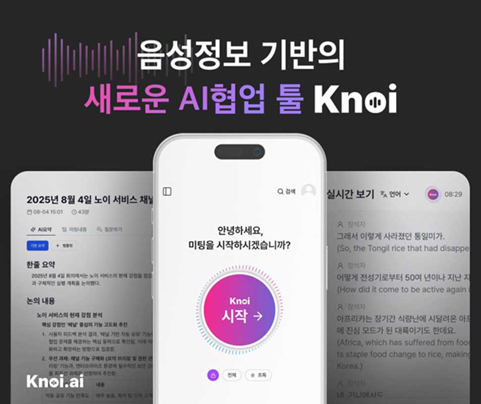 Knoi positions itself as an AI collaboration platform focused on meeting recording, summaries, and multilingual workflow support. | Source: Buzzni