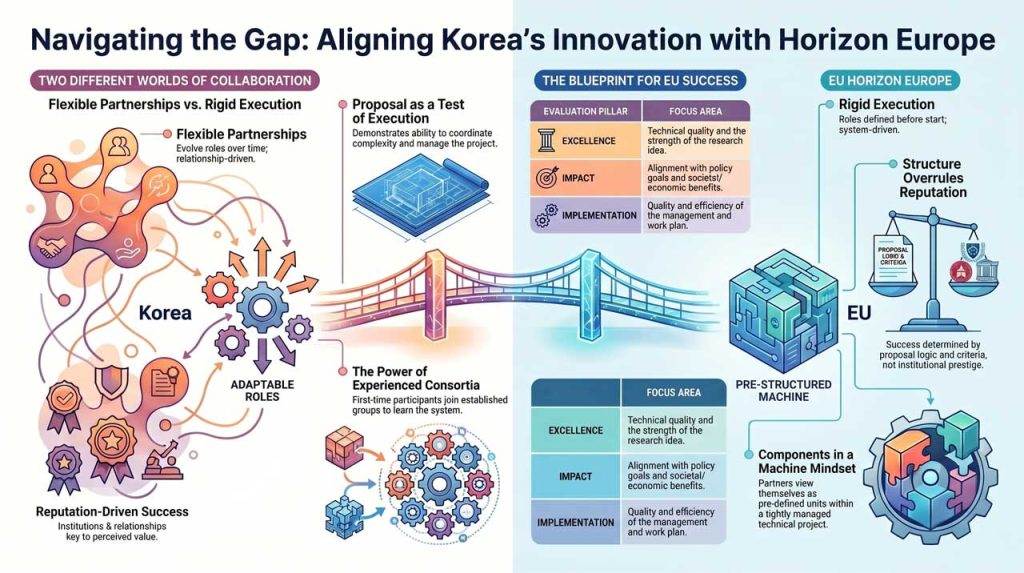 Korean teams enter EU R&D with flexible partnership models, but Horizon Europe demands structured execution, strict evaluation, and formal accountability.