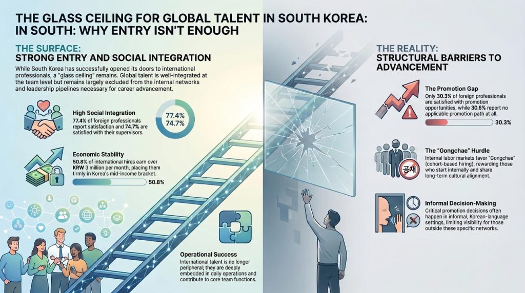 Navigating the glass ceiling for global talent in Korea. | AI infographic