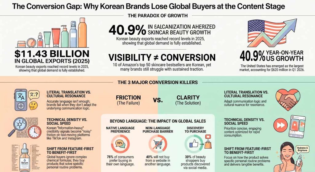 Why Korean brands losing global buyers at content stage. | AI infographic