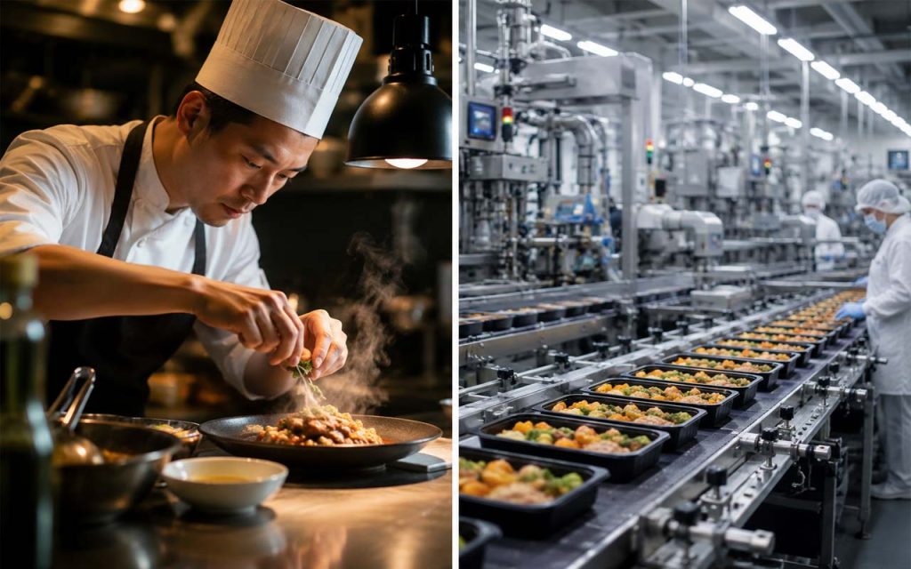 AI illustration of preparing one vs mass production meals.