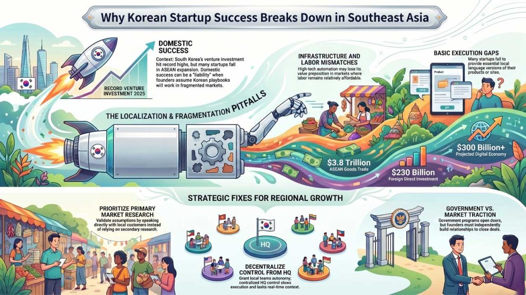 Challenges of Korean startup expansion in Southeast Asia. | AI illustration