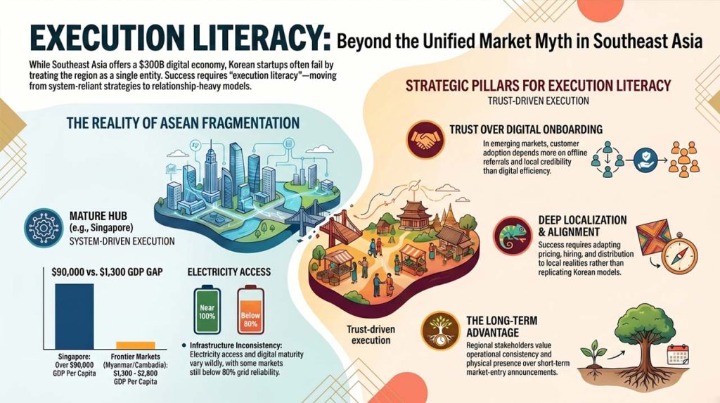 Execution literacy for Korean startup expansion in Southeast Asia. | AI infographic