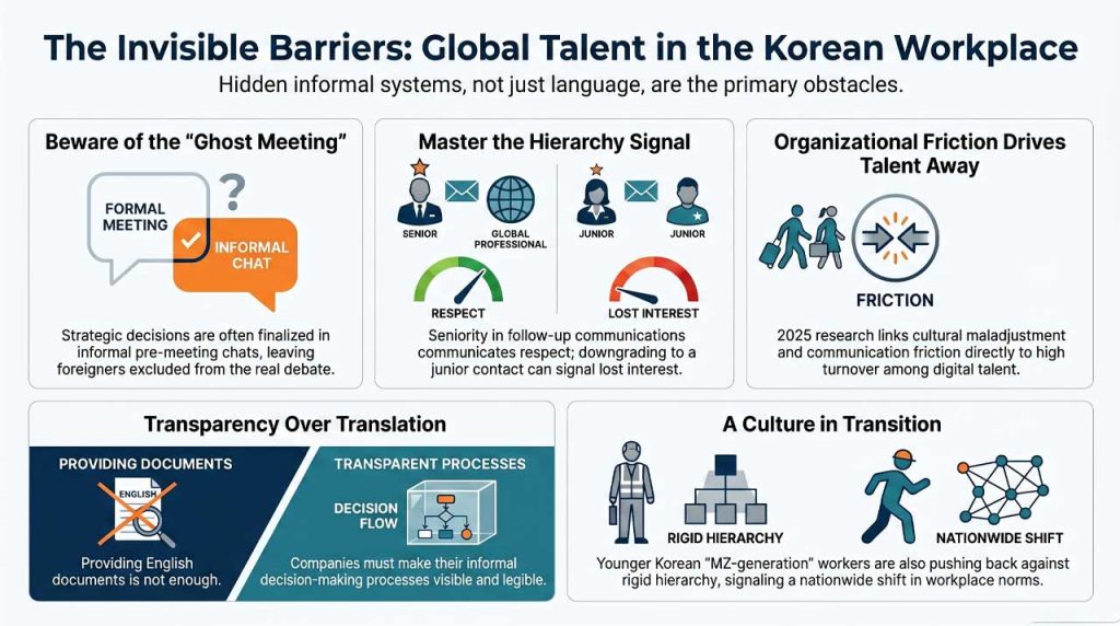 The invisible barrier for global talent in Korean workplace. | AI infographic
