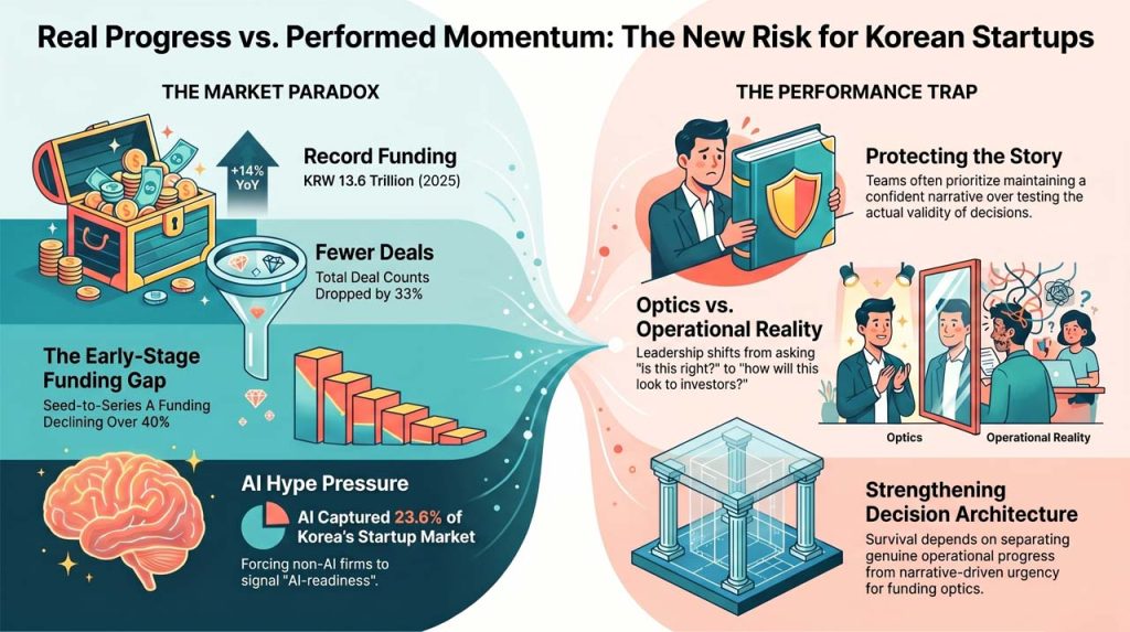 Startups facing new risk between real progress and performed momentum. | AI infographic