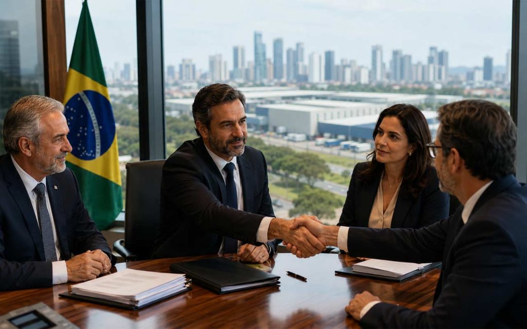 AI illustration of businesspersons shaking hands.