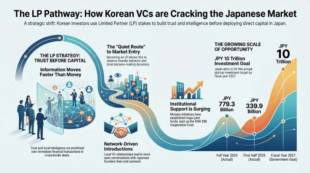 The LP pathway of Korean VCs to enter startup market in Japan. | AI infographic
