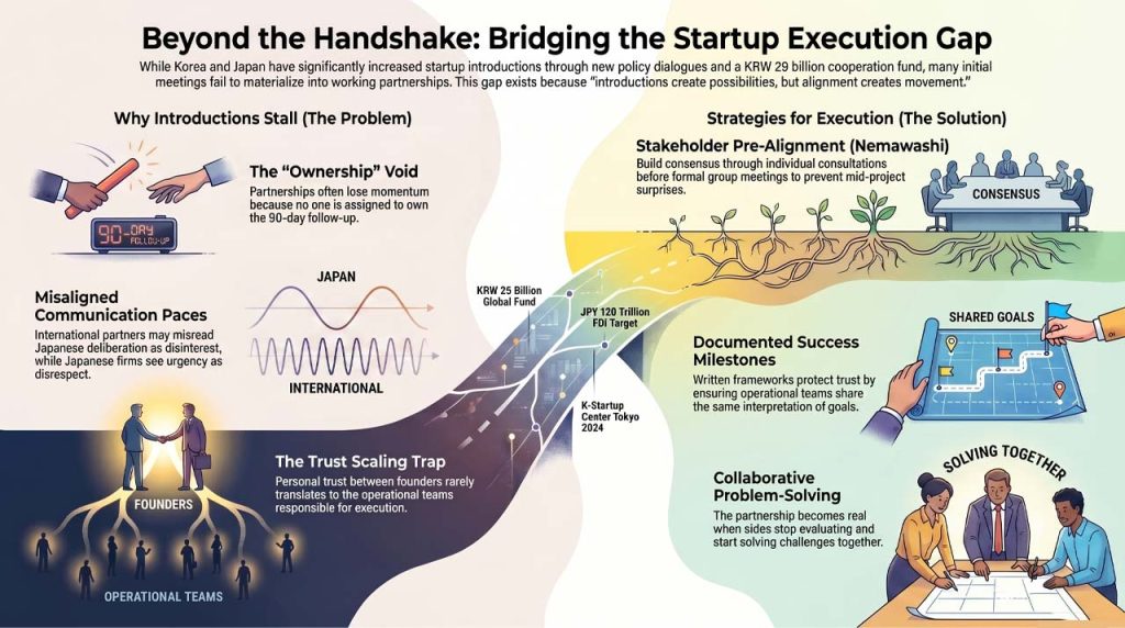 Bridging gaps in startup partnerships, especially in Japan. | AI infographic