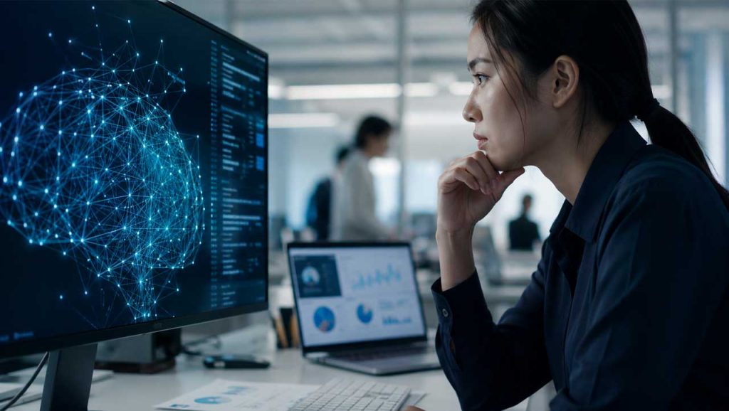 Illustration of a user evaluating AI. | Stock Photos