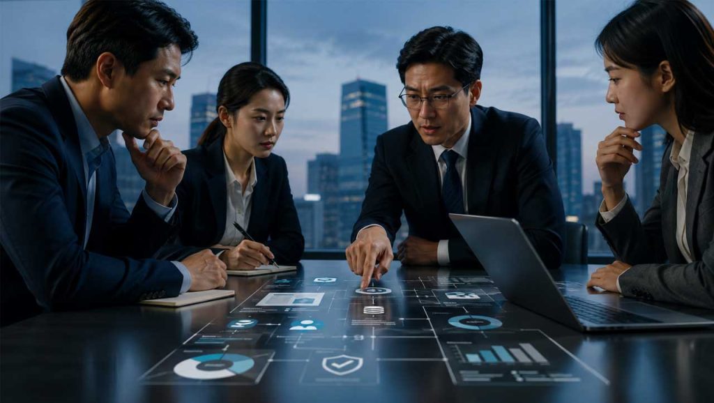 AI illustration of a Korean startup team building system.