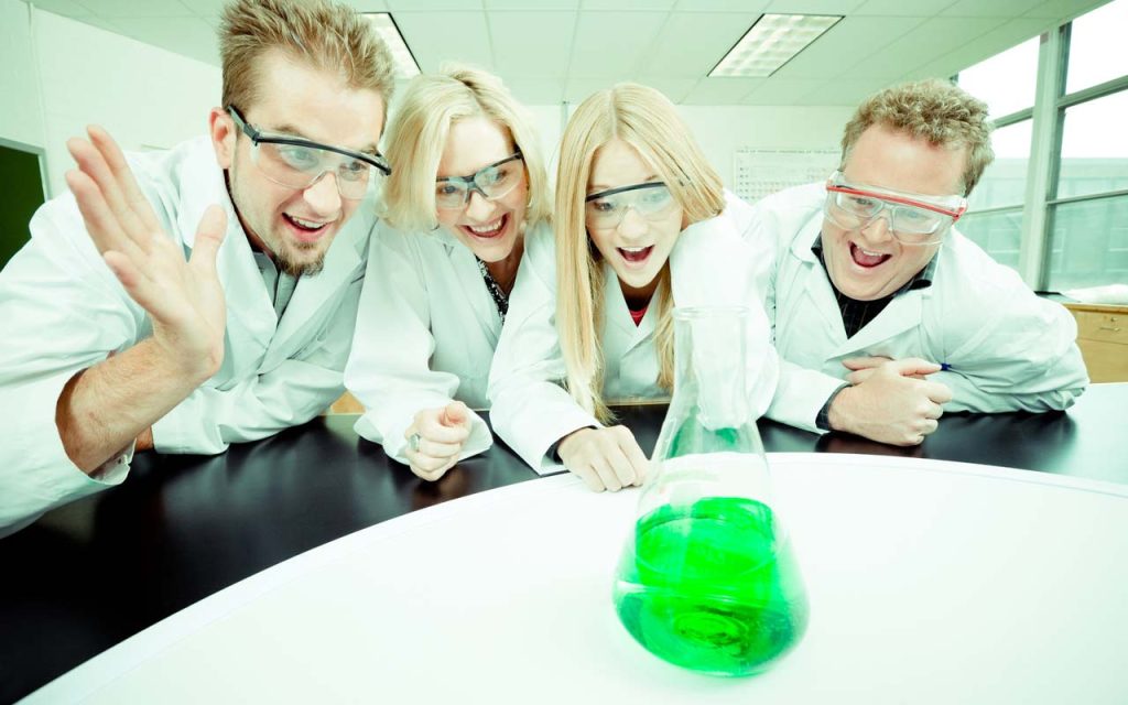 Illustration of a research team celebrating a novelty. | Stock Photos